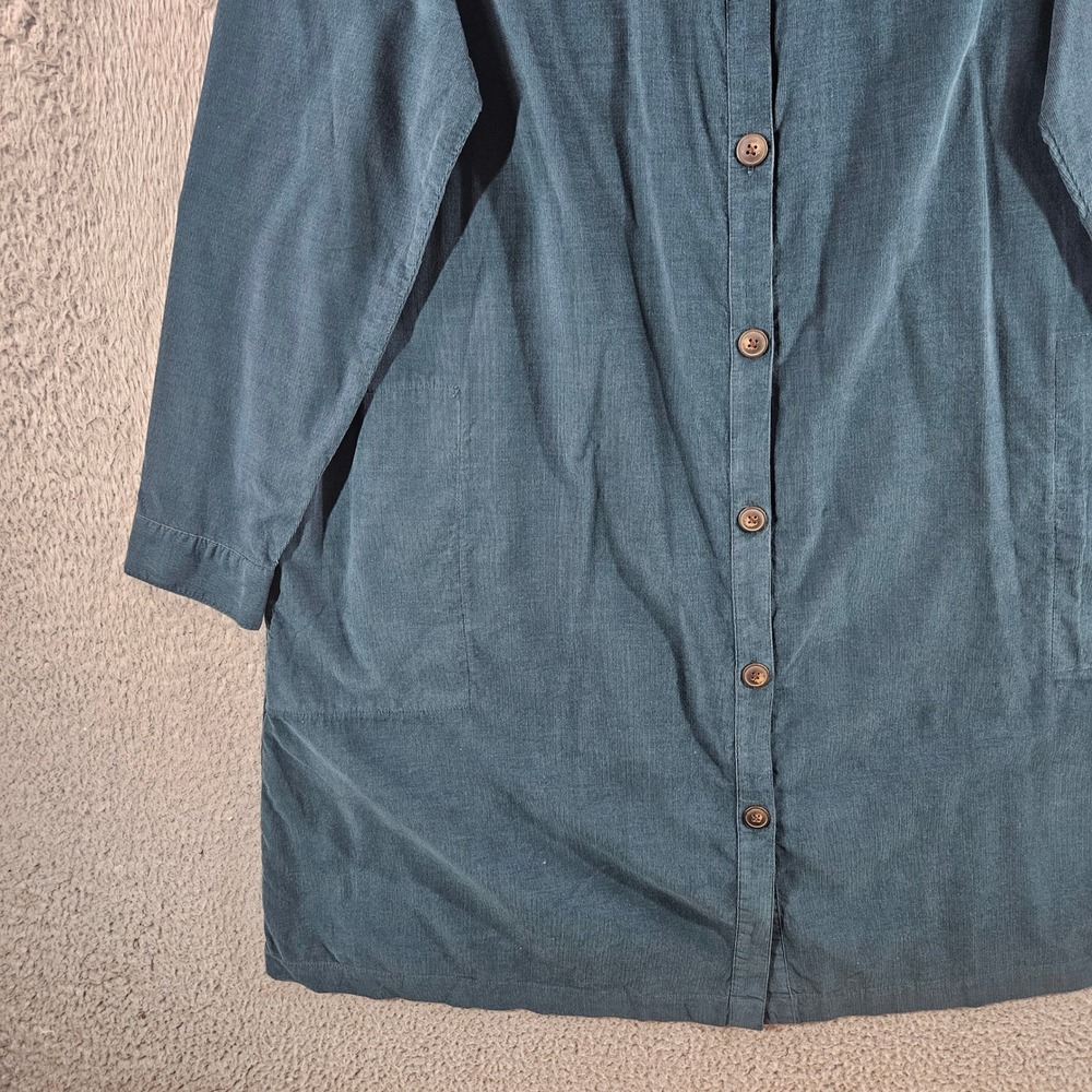 J. Jill Corduroy Button Front Shirt Dress Teal Blue Roll Tab Sleeve Womens Sz M - Picture 2 of 11